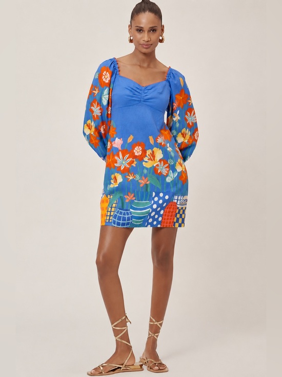 FARM Rio Dresses & Skirts - FARM Rio Blue Floral Puff Sleeve Mini Dress Size L Colorful Garden Print